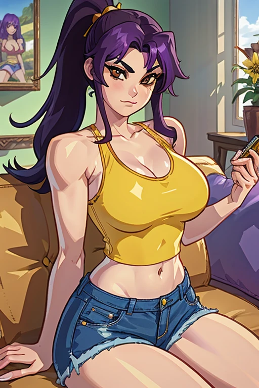1girl, (solo:1.2), curvy, (closed mouth:1.5), (drunk:1.5), red face, (cowboy shot:1.4), (large breasts:1.2), (soft shading:1.2), (sitting:1.3), misato katsuragi, long hair, (brown eyes:1.5), blue hair, (purple hair:1.3), ponytail, navel, bare shoulders, underwear, collarbone, shorts, midriff, stomach, short shorts, no bra, tank top, denim, denim shorts, (open fly:1.2), (yellow tank top:1.4), (masterpiece:1.3), (best quality:1.3), (perfect anatomy:1.4), highly detailed, kajin, shiny skin, comic style, clean lineart, (living room scenery:1.4), inside, (comfy sofa:1.3)