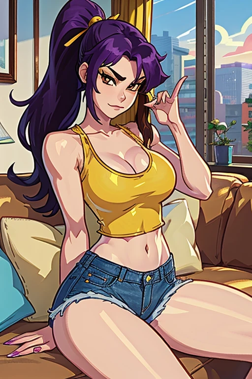 1girl, (solo:1.2), curvy, (closed mouth:1.5), (drunk:1.5), red face, (cowboy shot:1.4), (large breasts:1.2), (soft shading:1.2), (sitting:1.3), misato katsuragi, long hair, (brown eyes:1.5), blue hair, (purple hair:1.3), ponytail, navel, bare shoulders, underwear, collarbone, shorts, midriff, stomach, short shorts, no bra, tank top, denim, denim shorts, (open fly:1.2), (yellow tank top:1.4), (masterpiece:1.3), (best quality:1.3), (perfect anatomy:1.4), highly detailed, kajin, shiny skin, comic style, clean lineart, (living room scenery:1.4), inside, (comfy sofa:1.3)