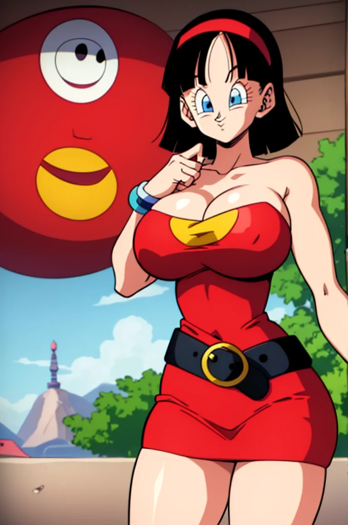 ultra detailed, masterpiece, best quality, solo, soft smile, light smile, Videl, Dragon Ball,
hairband, short hair, red hairband, bangs, sleeveless, dress, jewelry, belt, red dress, braceletblue eyes, colored eyelashes, eyelashes, black hair, , big breast, big ass, white shirt,  confused face expresion, sin imperfecciones, dibujo perfecto,