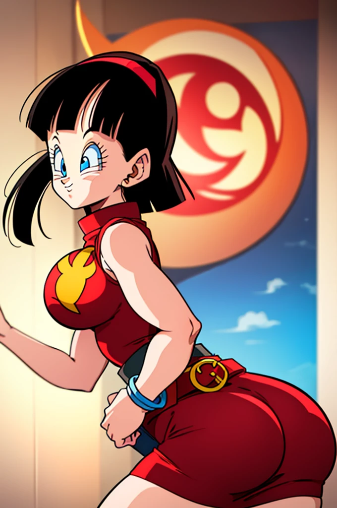 ultra detailed, masterpiece, best quality, solo, soft smile, light smile, Videl, Dragon Ball,
hairband, short hair, red hairband, bangs, sleeveless, dress, jewelry, belt, red dress, braceletblue eyes, colored eyelashes, eyelashes, black hair, , big breast, big ass, white shirt,  confused face expresion, sin imperfecciones, dibujo perfecto,