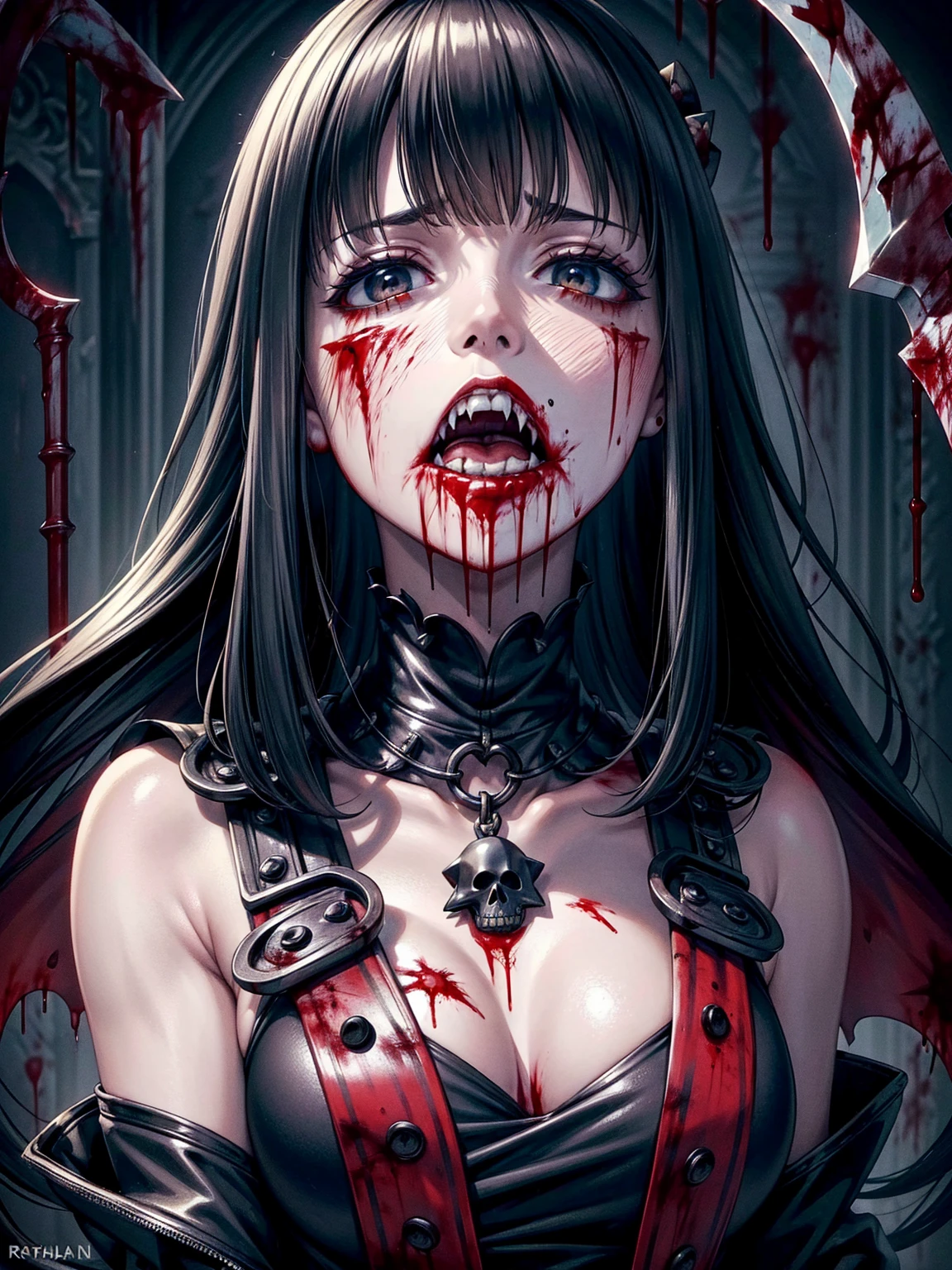 (8K, RAW Photos, Highest quality, masterpiece:1.2),(Realistic, photo-Realistic),Photo Background,face only photo,Drawing only the face,Face Up,Face Shot,Scythe Face,Girl Monster, slave,beautiful, Detailed portrait, Delicate facial features, Sharp Eye, Sharp Fangs, Pale skin, Thick Chain, Dark Background, Cinema Lighting, Dramatic Shadows, Gothic style, Gloomy atmosphere, Dark fantasy, One girl, , Open your mouth wide, Open your mouth and baring your teeth,Sharp teeth like a beast, Wide lips, very wide mouth, Vermilion cheeks, ,(Blood splatter:1.6),Scary face, Laughter　Witch design, Twisted smile、Bloodstained、bleeding from the head,、Blood splatter、,(Blood splatter:1.6),Crossbones, skull,　, Horror Style,