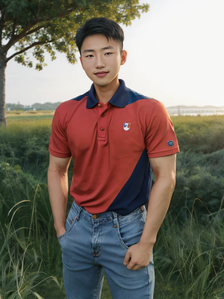 realistic light , Young Korean man in a navy blue polo shirt and jeans, A handsome, muscular young Asian man looks at the camera. In a simple t-shirt blue and red , Fieldside, grass, beach, sunlight