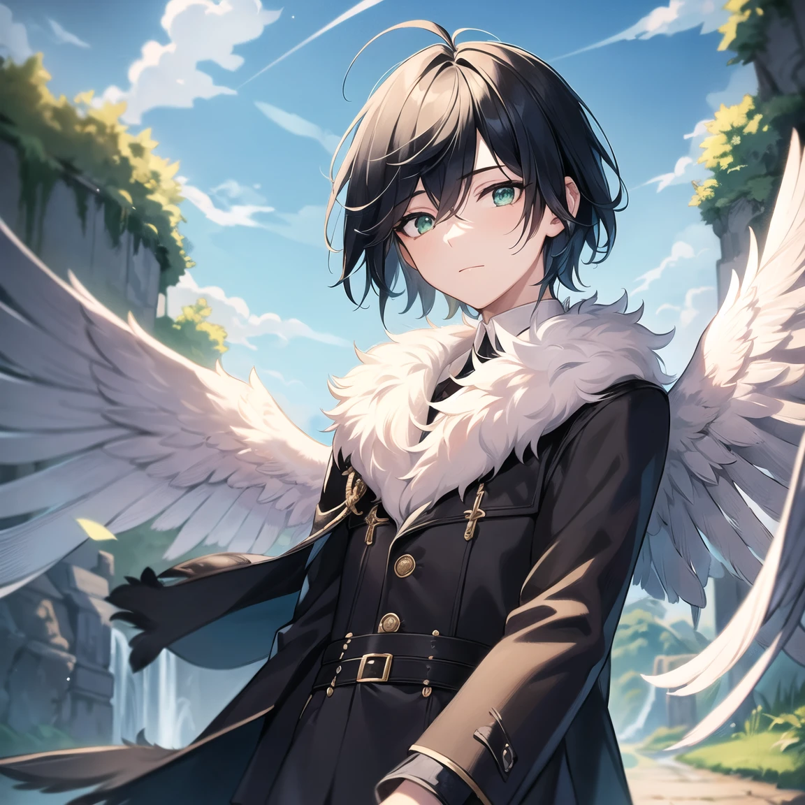 1boy,angel,angel wings,bird wings,black feathers,black wings,blue hair,blue sky,blue wings,brown wings,cloud,cloudy sky,coat,crow,day,eagle,feathered wings,feathers,fur,fur-trimmed coat,fur-trimmed jacket,fur cape,fur coat,fur collar,fur trim,green eyes,harpy,jacket,large wings,looking at viewer,male focus,outdoors, waterfall background, grass, short hair,single wing,sky,solo,spread wings,talons,upper body,white wings,winged arms,wings