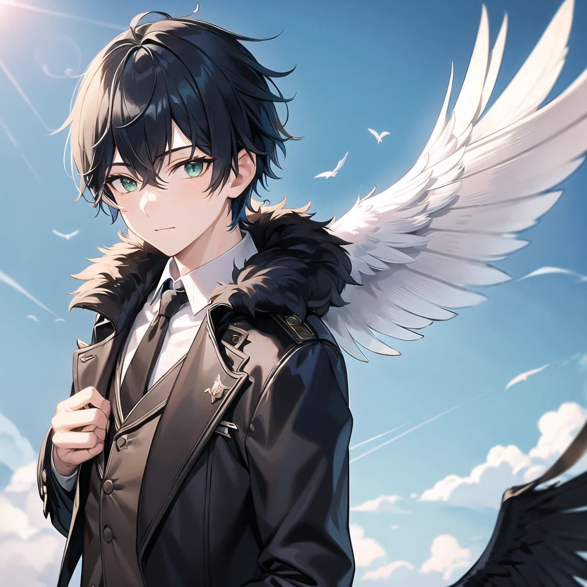 1boy,angel,angel wings,bird wings,black feathers,black wings,blue hair,blue sky,blue wings,brown wings,cloud,cloudy sky,coat,crow,day,eagle,feathered wings,feathers,fur,fur-trimmed coat,fur-trimmed jacket,fur cape,fur coat,fur collar,fur trim,green eyes,harpy,jacket,large wings,looking at viewer,male focus,outdoors, waterfall background, grass, short hair,single wing,sky,solo,spread wings,talons,upper body,white wings,winged arms,wings