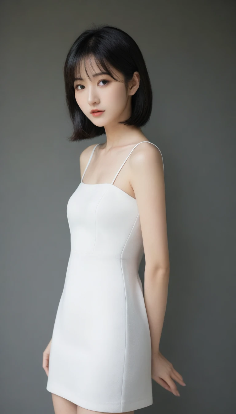 8K, Ultra-high resolution, Highest quality, masterpiece, 三分割法によるphotograph,Surreal, photograph, 1 Girl, (16 years old:1.3), pretty girl, Cute face, Beautiful eyes in every detail, 細かくdetailedに,masterpiece,One Girl:1.2, Japan Female Announcer, whole body,from behind,blush,closed eyes,shy,Black Hair,Bob with bangs,White shiny dress,Deep slit,pulling up the hem,Spanking,Captivating ass,Delicate and smooth skin, Realistic Skin, Perfect and beautiful face ,完璧でCute face, Skin with attention to detail, Perfect limbs、Narrow waist、Thin legs)、Browsing Caution,Beautiful leg line beauty,Looking at the audience、beauty,Long neck、(((Ideal body type))),A cup small breasts :2,、Portraiture:2、Perfect Anatomy、鮮明なdetailed、detailed、Surreal、Light and shadow,Strong light