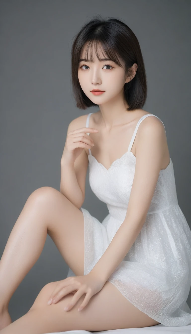 8K, Ultra-high resolution, Highest quality, masterpiece, 三分割法によるphotograph,Surreal, photograph, 1 Girl, (:1.3), pretty girl, Cute face, Beautiful eyes in every detail, 細かくdetailedに,masterpiece,One Girl:1.2, Japan Female Announcer, whole body,from behind,blush,closed eyes,shy,Black Hair,Bob with bangs,White shiny dress,Deep slit,pulling up the hem,Spanking,Captivating ass,Delicate and smooth skin, Realistic Skin, Perfect and beautiful face ,完璧でCute face, Skin with attention to detail, Perfect limbs、Narrow waist、Thin legs)、Browsing Caution,Beautiful leg line beauty,Looking at the audience、beauty,Long neck、(((Ideal body type))),A cup small breasts :2,、Portraiture:2、Perfect Anatomy、鮮明なdetailed、detailed、Surreal、Light and shadow,Strong light