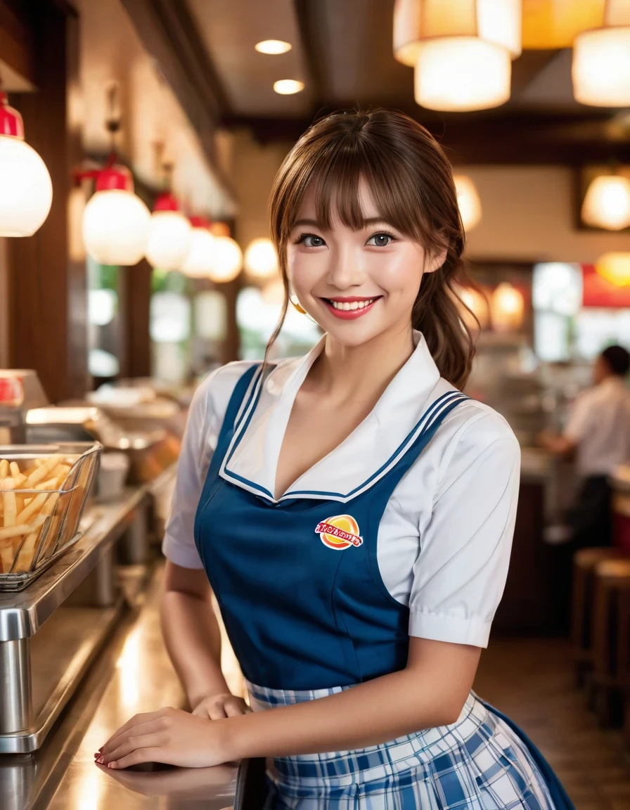 A stunning beauty poses as a fast food worker, donning a crisp uniform and a sassy smile. She wears the traditional waitresses' skirt, her medium-sized breasts subtly visible under the fabric. The framing of the shot showcases her confidence as she leans against the counter, illuminated by warm restaurant lighting. The composition is flawless, with a blurred background highlighting her clarity. Her pose exudes a mix of playfulness and professionalism, making her a masterpiece in this photo-realistic image.