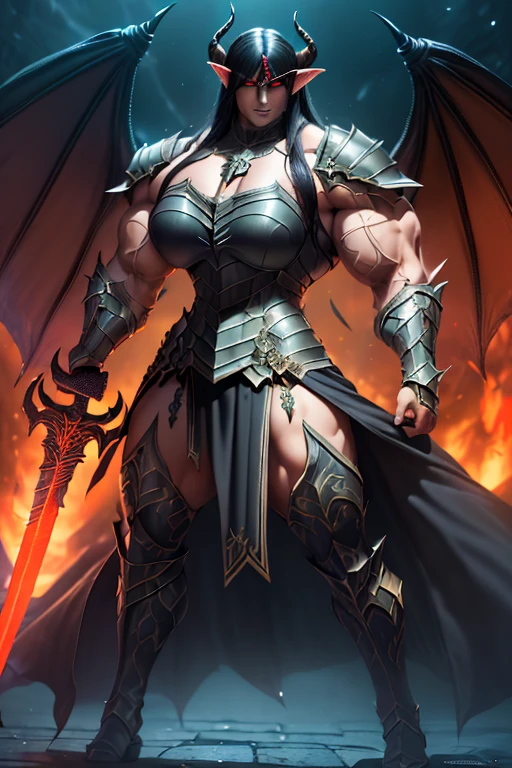 ((Massive beautiful, buff, light brown skinned muscular dark paladin woman with black hair, giant demon wings, black lipstick, ginormous bulky muscles, carrying a giant sword and wearing full black demonic paladin knight armored with a long tiered skirt)), (close view), large breast, massive muscles, massive biceps, hyper muscle shoulders, (giant demon wings), hyper muscle triceps, (long straight hair), orange eyes, (demon Paladin boots), (demon armor), (long tiered skirt), breastplate, (demonic gauntlets), (Shoulder armor), closed smile, (in a fire hellish castle), (Dark and moody universe:1.3), Vascular arms, hyper muscles arms, hyper muscle legs, massive buff arms.