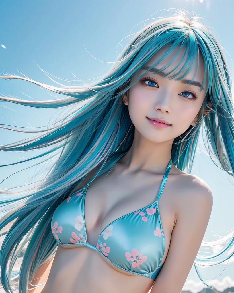 (Highest quality, 32k, High resolution, Masterpiece:1.5, ), marimo_jet, god々A photograph with brilliant dazzling and healing power., Evoking a sense of calm and elusive beauty, Expressing emotions, Have a rich imagination, The road to the horizon, Nostalgic scenery of youth, Beautiful Japanese Girls, ((Low - Angle:1.4)), An exceptionally beautiful face, Small Face Beauty, Perfect Human Anatomy, Magical big eyes, Motherhood and generosity, Deep Love, fleeting smile, ((Shiny light blue hair:1.4)), Super long straight silk hair swaying in the wind, Asymmetrical bangs, Hair between the eyes, Transparent, soft white skin, Sharp eyebrows, Thin lashes, Natural Makeup, Cheek highlighter, Lips with fine detail, (Pastel floral bikini:1.4), High resolutionの完璧な鎖骨, High resolutionの美しい胸元, Slim figure with ample breasts, High resolutionの美しい太もも, ((Beautiful detailed sky background:1.2)), ((Shining in the morning sunlight)), Professional photographer, Professional Lighting, Professional models, god秘的