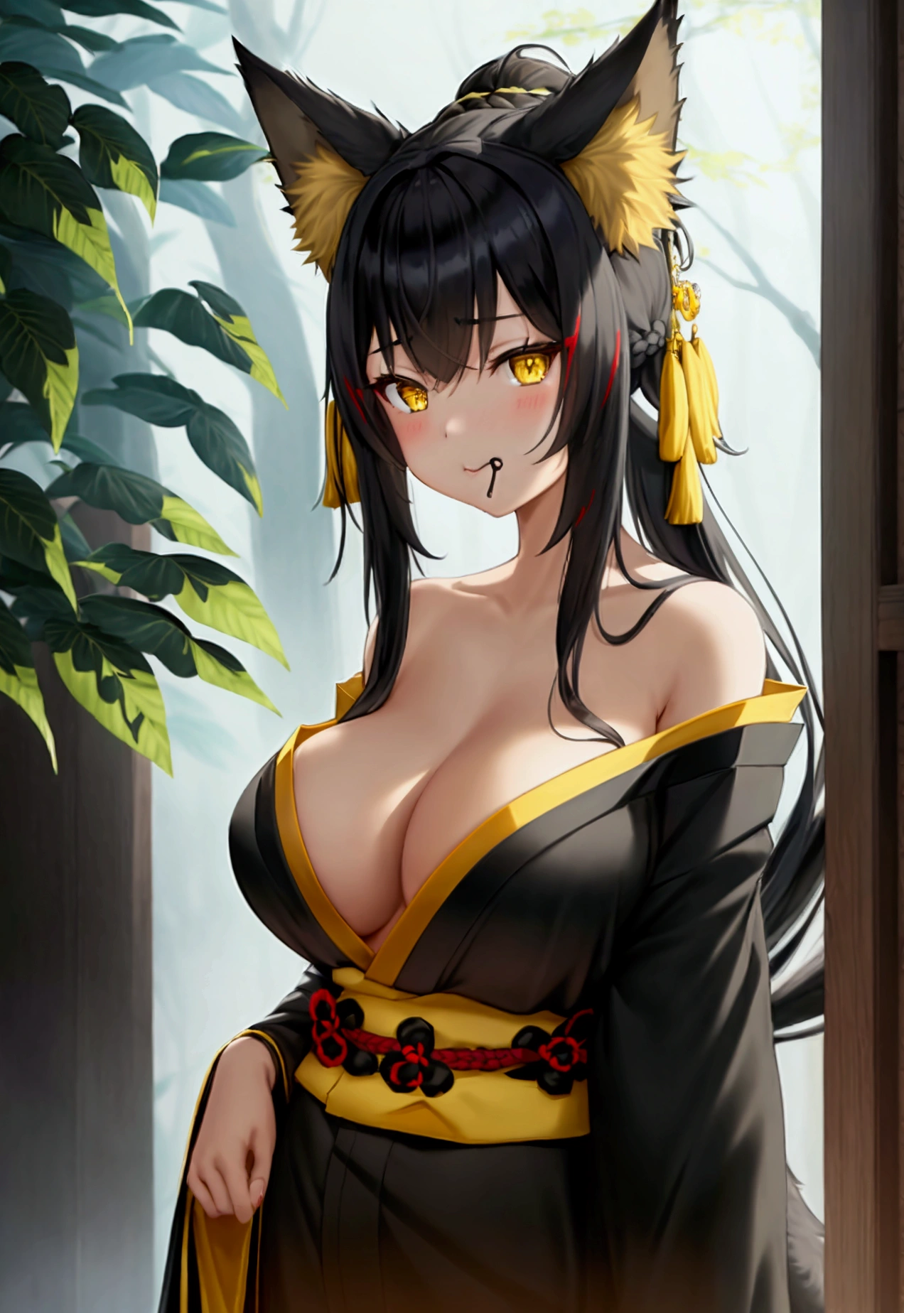 Oversized breasts、Exposing breasts.One girl, , Black Hair, Long Hair, Yellow Eyes, Black wolf ears, Side Lock, Mouth closed,, Are standing, Animal tails,Alluring、kimono、
