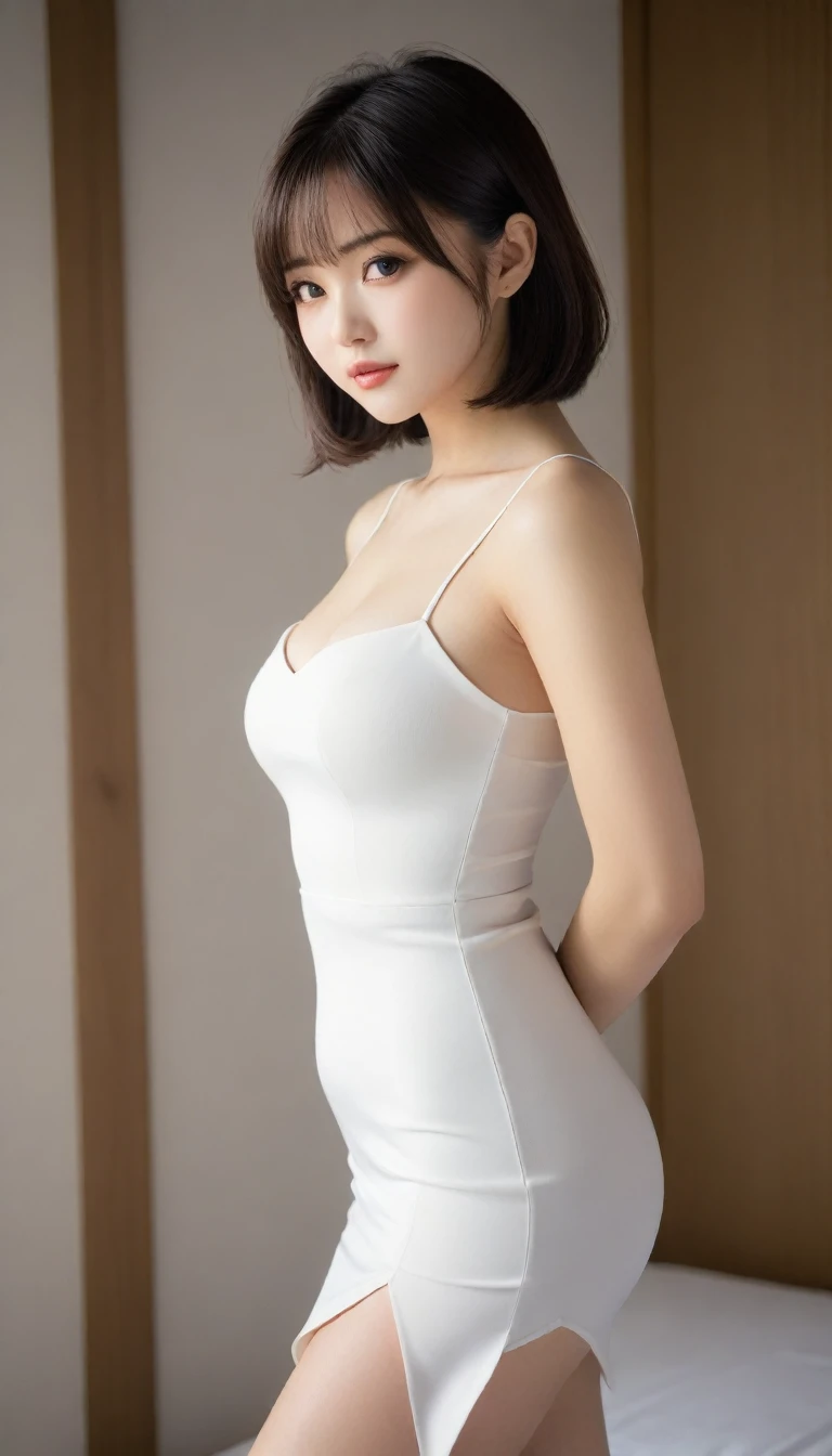 8K, Ultra-high resolution, Highest quality, masterpiece, 三分割法によるphotograph,Surreal, photograph, 1 Girl, (:1.3), pretty girl, Cute face, Beautiful eyes in every detail, 細かくdetailedに,masterpiece,One Girl:1.2, Japan Female Announcer, whole body,from behind,blush,closed eyes,shy,Black Hair,Bob with bangs,White shiny dress,Deep slit,pulling up the hem,Spanking,Captivating ass,Delicate and smooth skin, Realistic Skin, Perfect and beautiful face ,完璧でCute face, Skin with attention to detail, Perfect limbs、Narrow waist、Thin legs)、Browsing Caution,Beautiful leg line beauty,Looking at the audience、beauty,Long neck、(((Ideal body type))),A cup small breasts :2,、Portraiture:2、Perfect Anatomy、鮮明なdetailed、detailed、Surreal、Light and shadow,Strong light
