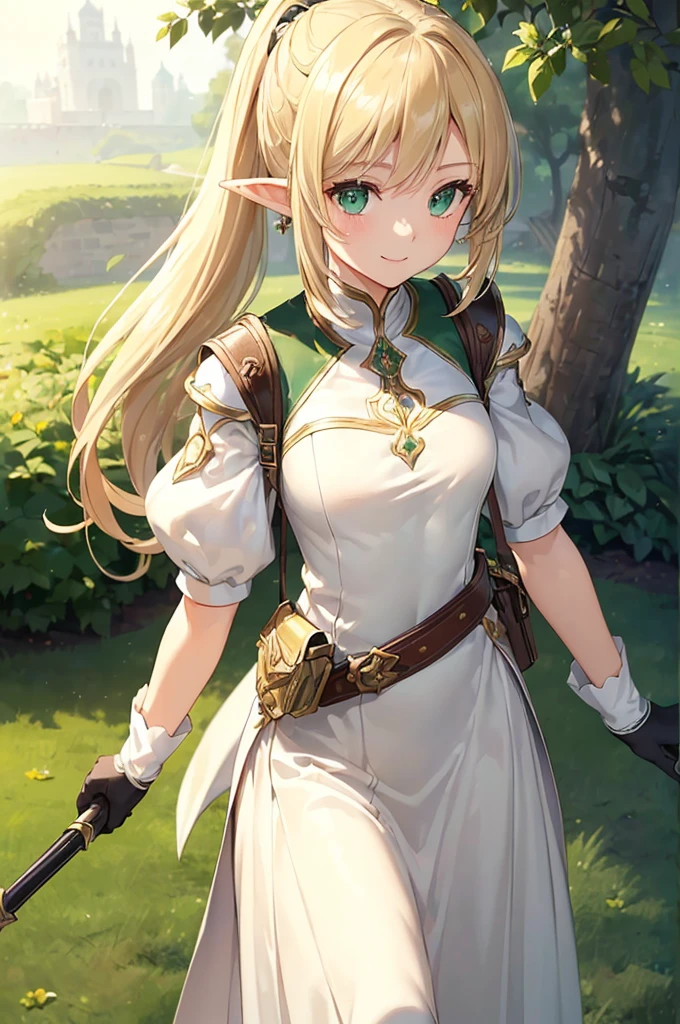 (((masterpiece; best quality: 1.2))), (finely detailed eyes: 1.3), (25 year old elf woman), (solo), (green eyes: 1.4), (body; lithe, fit, femenine: 1.3), (silky blonde hair + low ponytail: 1.3), (beautiful and clear background: 1.2), ((depth of field)), (equipment: adventurer attire + modest + long white tunic-coat + black longskirt + gloves + belt + pouches: 1.3), (anime illustration: 1.2), (background composition; royal garden: 1.1), (extremely fine and beautiful: 1.1), (shot composition; standing + centered on torso + close-up: 1.5), (expression; calm, smile: 1.2)