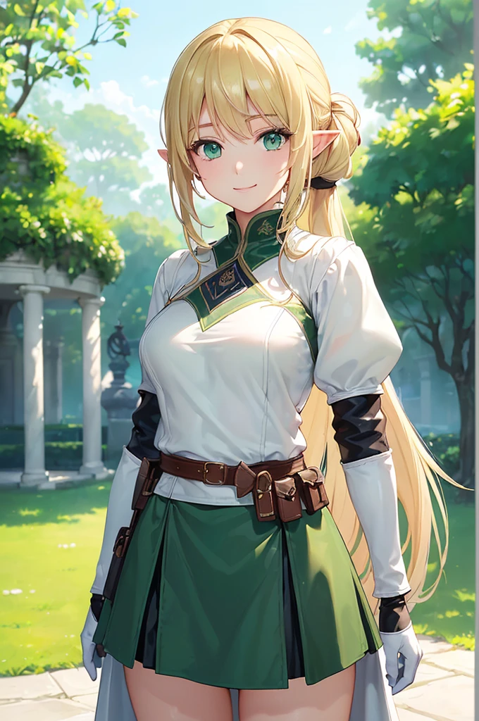 (((masterpiece; best quality: 1.2))), (finely detailed eyes: 1.3), (25 year old elf woman), (solo), (green eyes: 1.4), (body; lithe, fit, femenine: 1.3), (silky blonde hair + low ponytail: 1.3), (beautiful and clear background: 1.2), ((depth of field)), (equipment: adventurer attire + modest + long white tunic-coat + black longskirt + gloves + belt + pouches: 1.3), (anime illustration: 1.2), (background composition; royal garden: 1.1), (extremely fine and beautiful: 1.1), (shot composition; standing + centered on torso + close-up: 1.5), (expression; calm, smile: 1.2)