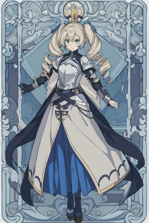 anime picture, perfect body, full body, kingdom background, a age female knight with Drills hair wearing paladin clothes (blue & white color)