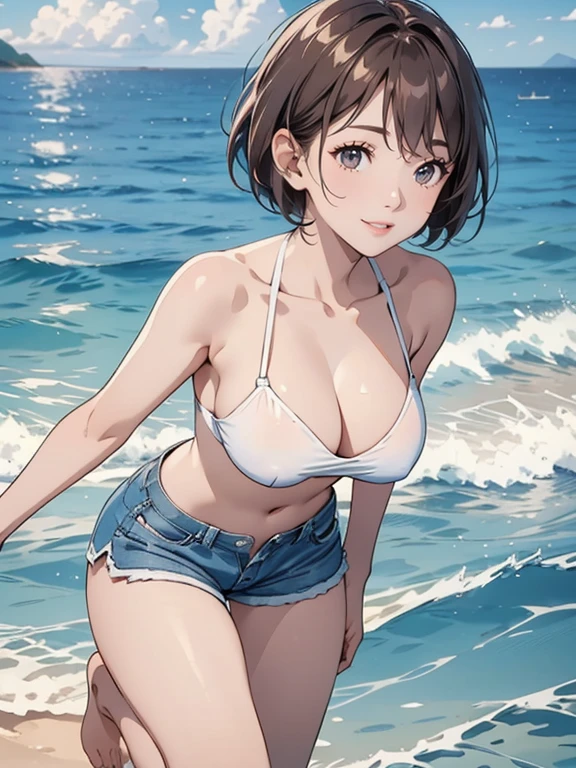 (Highest quality、masterpiece、High resolution、8K)、Vibrant colors、Young and beautiful woman 1、whole body、Brown and black short bob、barefoot、(Detailed face、Beautiful Eyes、Beautiful nose、Pretty lips)、Ample breasts、Beautiful cleavage、White T-shirt and shorts、Running on the beach、A refreshing smile、looking at the camera、Official Art、The background is the sea、blue sky、White waves and wide sandy beach、Wide forest、White Entrance Cloud、(Depth of written boundary:1.5)、Professional Lighting、