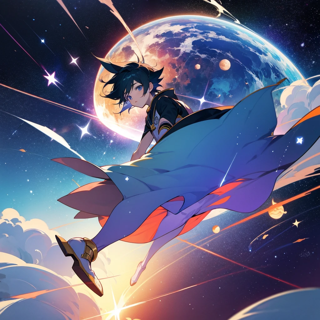 anime boy choosing stars, floating in space, planets around, epic