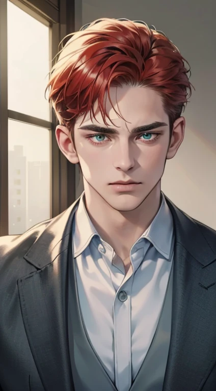 (best quality, masterpiece, 8K, photorealistic, cinematic lighting, 1:4 hdr image, ultra detailed, beautiful image), a mature man, 34 years very handsome, ((cold expression)), short red hair, green eyes, face perfect without mistakes, ((buttoning his jacket, CEO))