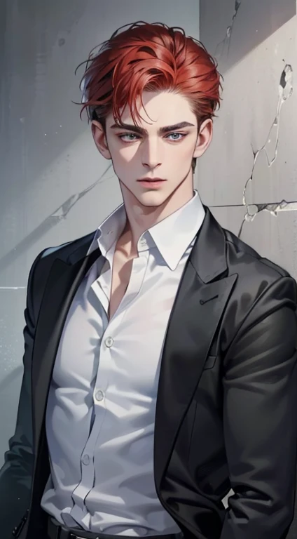 (best quality, masterpiece, 8K, photorealistic, cinematic lighting, 1:4 hdr image, ultra detailed, beautiful image), a mature man, 34 years very handsome, ((cold expression)), short red hair, green eyes, face perfect without mistakes, ((buttoning his jacket, CEO))