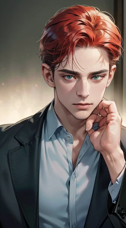 (best quality, masterpiece, 8K, photorealistic, cinematic lighting, 1:4 hdr image, ultra detailed, beautiful image), a mature man, 34 years very handsome, ((cold expression)), short red hair, green eyes, face perfect without mistakes, ((buttoning his jacket, CEO))