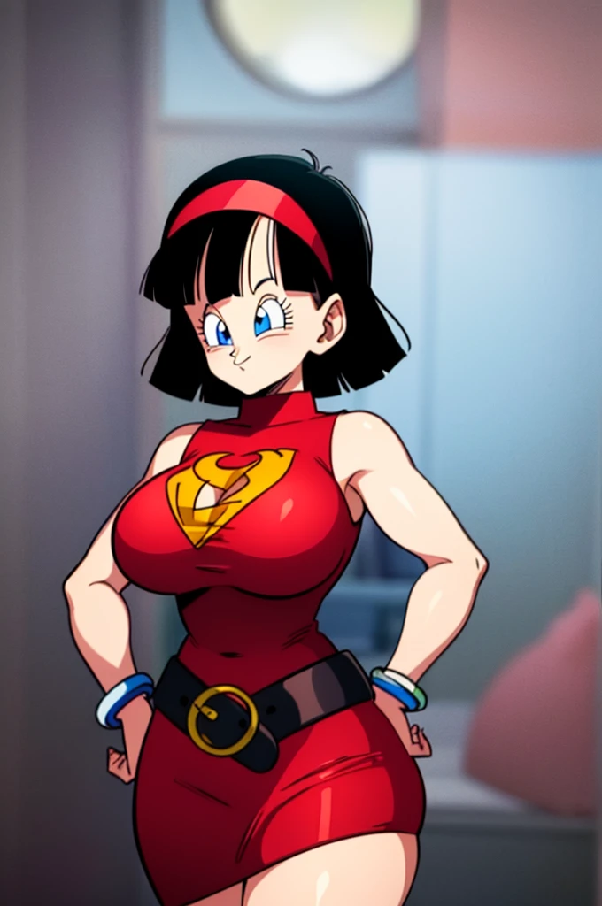 ultra detailed, masterpiece, best quality, solo, soft smile, light smile, Videl, Dragon Ball,
hairband, short hair, red hairband, bangs, sleeveless, dress, jewelry, belt, red dress, braceletblue eyes, colored eyelashes, eyelashes, black hair, , big breast, big ass, white shirt,  confused face expresion, sin imperfecciones, dibujo perfecto,