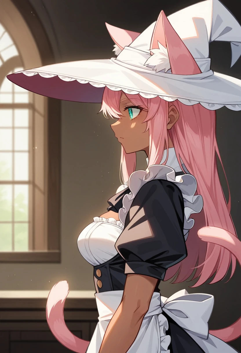 masterpiece,Top image quality,hight resolution,imagem 4k,Raw photo, {{{official art}}}, {{solo}}, {Adult}hair strand}, {{medium breasts}}, {Solo}, maid, frilled dress, noble, witch hat, from side, cat ears, cat tail, blurry background, indoors , cat ears stare at each other dark skin, black skin , pink cat ears,, Pink hair, teal eyes, long hair,