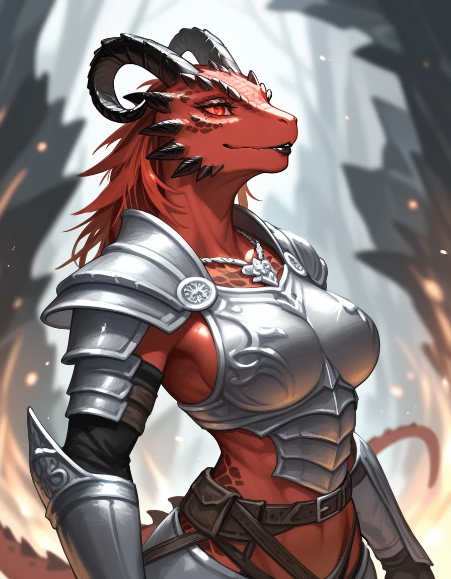 Solo, score_9,score_8_up,score_7_up, kemono style, Anthro Argonian female from skyrim, Anthro reptile girl, snout, red scaled skin, glowing red eyes, black lips, black horns, black ram horns, athletic body, and, wearing metal barbarians armor, standing, portrait 