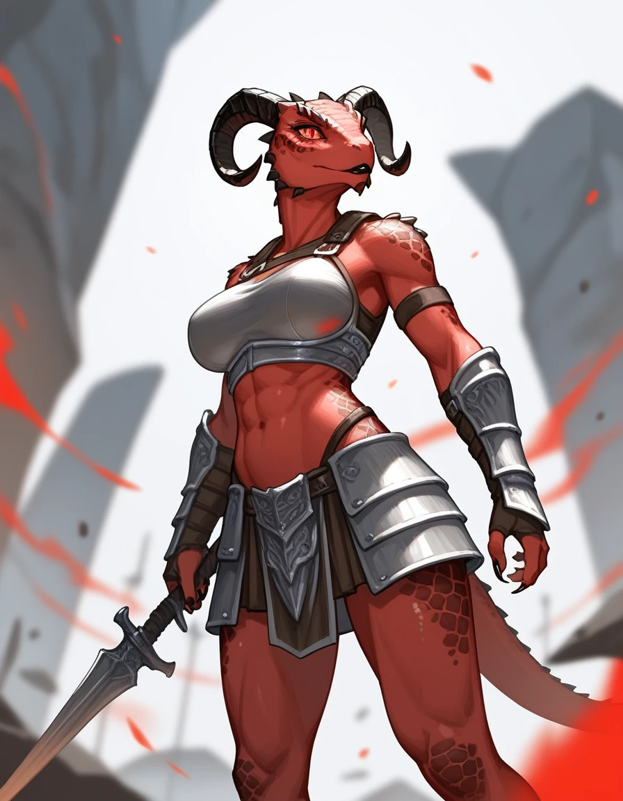 Solo, score_9,score_8_up,score_7_up, kemono style, Anthro Argonian female from skyrim, Anthro reptile girl, snout, red scaled skin, glowing red eyes, black lips, black horns, black ram horns, athletic body, and, wearing metal barbarians armor, standing, portrait 