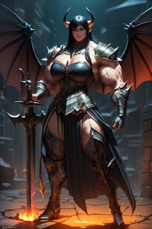((Massive beautiful, buff, light brown skinned muscular dark paladin woman with black hair, giant demon wings, black lipstick, ginormous bulky muscles, carrying a giant sword and wearing full black demonic paladin knight armored with a long tiered skirt)), (close view), large breast, massive muscles, massive biceps, hyper muscle shoulders, (giant demon wings), hyper muscle triceps, (long straight hair), orange eyes, (demon Paladin boots), (demon armor), (long tiered skirt), breastplate, (demonic gauntlets), (Shoulder armor), closed smile, (in a fire hellish castle), (Dark and moody universe:1.3), Vascular arms, hyper muscles arms, hyper muscle legs, massive buff arms.