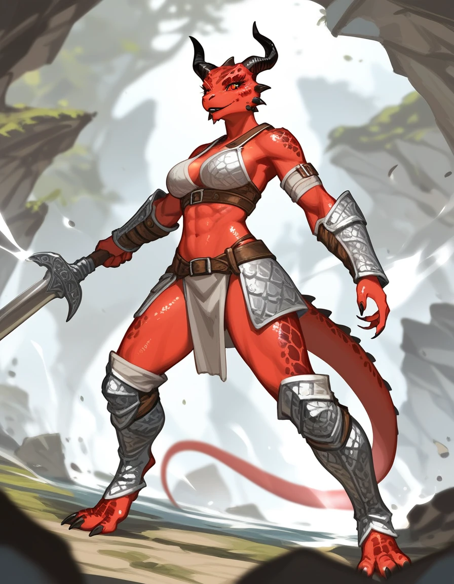 Solo, score_9,score_8_up,score_7_up, kemono style, Anthro Argonian female from skyrim, Anthro reptile girl, snout, red scaled skin, glowing red eyes, black lips, black horns, black ram horns, athletic body, and, wearing metal barbarians armor, barbarian boots, standing, neutral pose, smiling