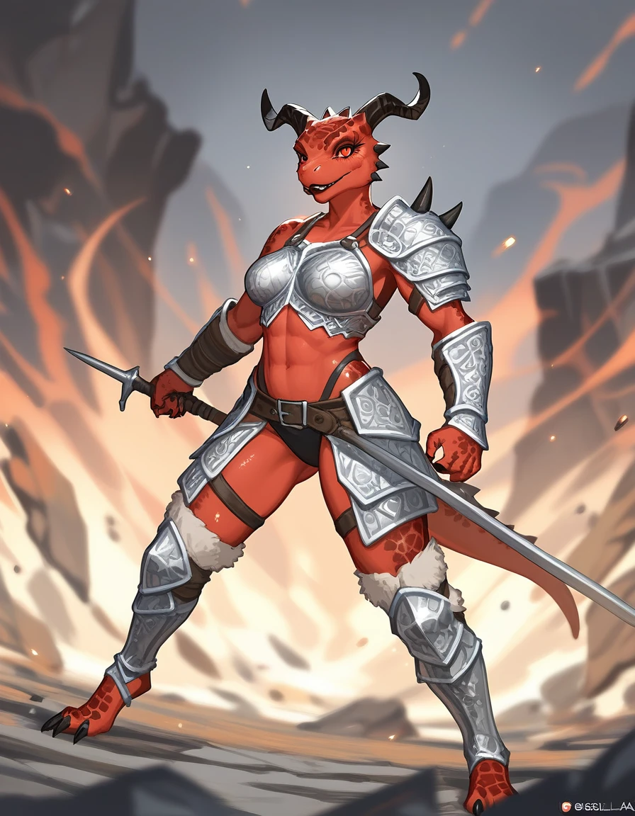 Solo, score_9,score_8_up,score_7_up, kemono style, Anthro Argonian female from skyrim, Anthro reptile girl, snout, red scaled skin, glowing red eyes, black lips, black horns, black ram horns, athletic body, and, wearing metal barbarians armor, barbarian boots, standing, neutral pose, smiling