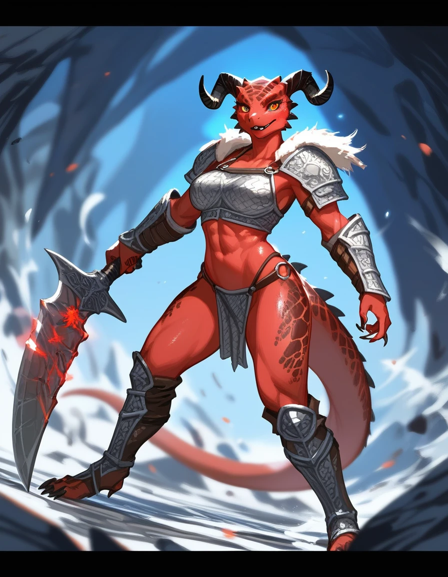 Solo, score_9,score_8_up,score_7_up, kemono style, Anthro Argonian female from skyrim, Anthro reptile girl, snout, red scaled skin, glowing red eyes, black lips, black horns, black ram horns, athletic body, and, wearing metal barbarians armor, barbarian boots, standing, neutral pose, smiling