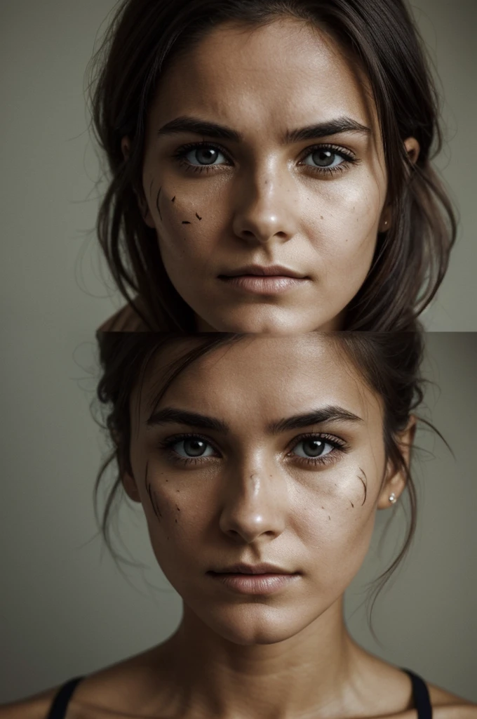 The photograph of a woman in her 20s with the left part of her face with scars from a burn, with perforations in the helix, with dark circles, brown eyes and short brown hair. The part of his right corner noticeably open. Make the image look a little gloomy 