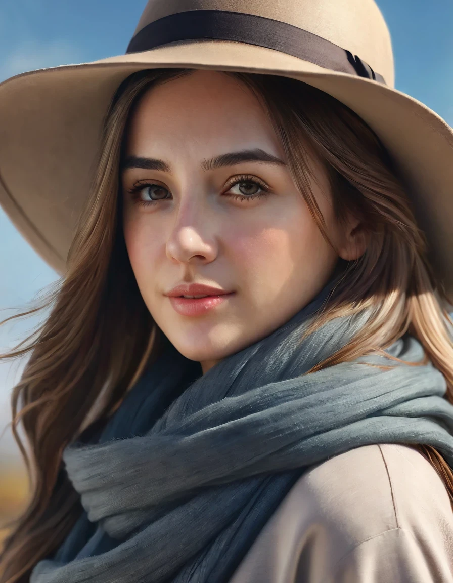 arafed woman with long hair wearing a hat and scarf, realistic digital art 4k, realistic digital art 4k, soft portrait shot 8k, photorealistic artstyle, photorealistic beautiful face, cinematic realistic portrait, beautiful digital artwork, realistic beautiful face, realistic artstyle, 3 d render character art 8 k, beautiful realistic face, amazing photorealistic graphics