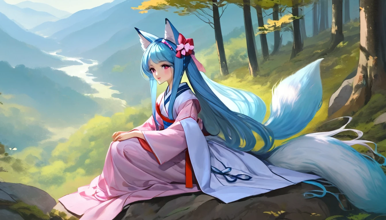 (good job:1 woman, fox ears, fox tail, 하늘색 fox ears, 하늘색 fox tail,hair down to the middle of the back, light blue hair, He wears a white ribbon in his hair., pink eyes, Sky blue hanbok, sitting on a rock in the forest, low angle