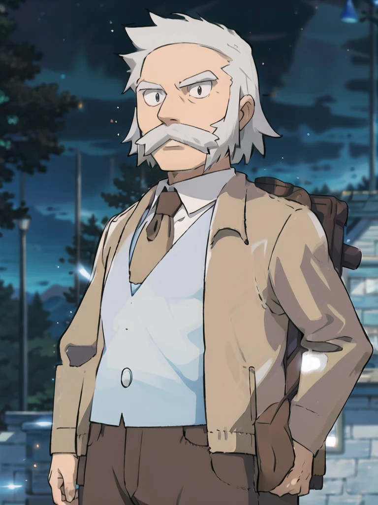 ProfessorRowan, solo, looking at viewer, shirt, 1boy, closed mouth, white shirt, upper body, white hair, male focus, outdoors,brown coat, necktie, collared shirt, blurry, night, blurry background, parody, formal, style parody