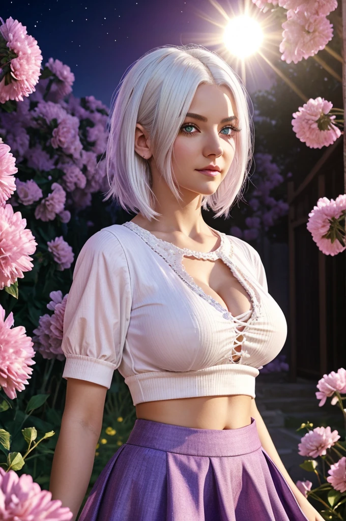realistic, 1girl, white hair, purple eyes, glowing eyes, crop top, skirt, parted lips, blush, night, flowers, sun, sunlight, Showing her tits, doggystyle