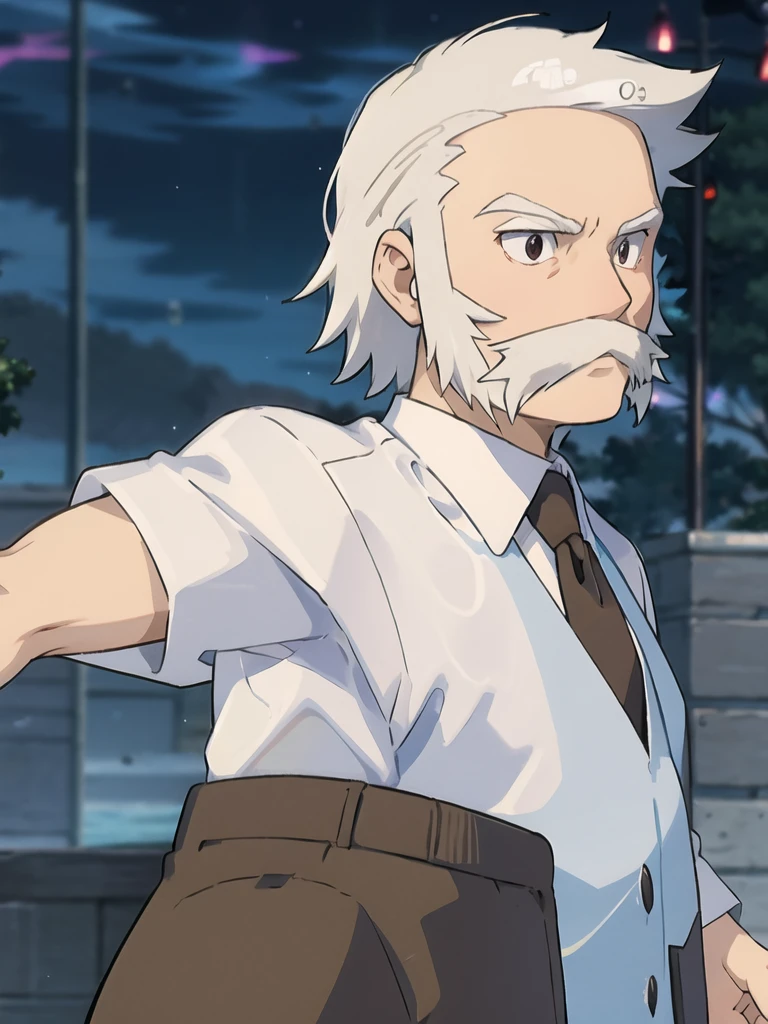 ProfessorRowan, solo, looking at viewer, shirt, 1boy, closed mouth, white shirt, upper body, white hair, male focus, outdoors,brown coat, necktie, collared shirt, blurry, night, blurry background, parody, formal, style parody