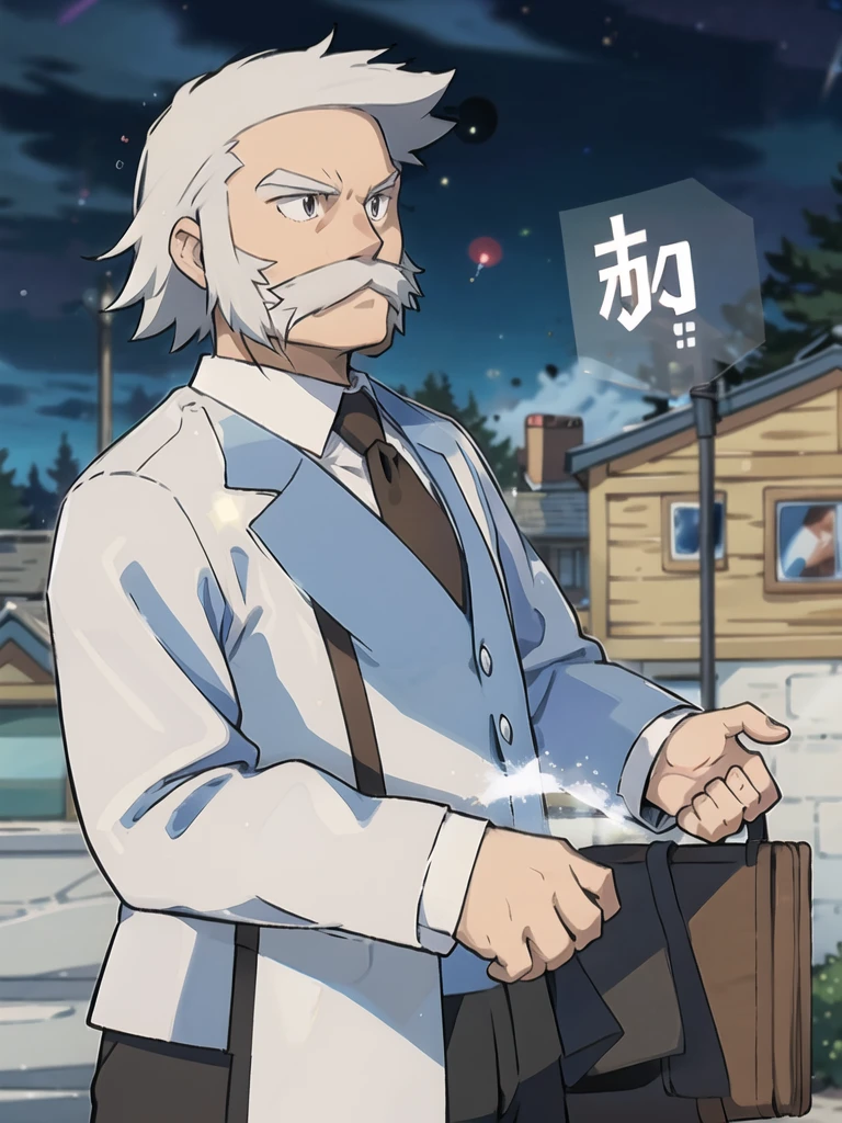 ProfessorRowan, solo, looking at viewer, shirt, 1boy, closed mouth, white shirt, upper body, white hair, male focus, outdoors,brown coat, necktie, collared shirt, blurry, night, blurry background, parody, formal, style parody