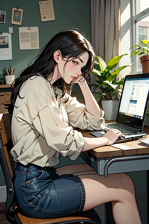 A person sitting at a desk, working on a laptop. The desk has a cup of coffee, some books, and a potted plant. The background is a cozy home office with warm lighting.