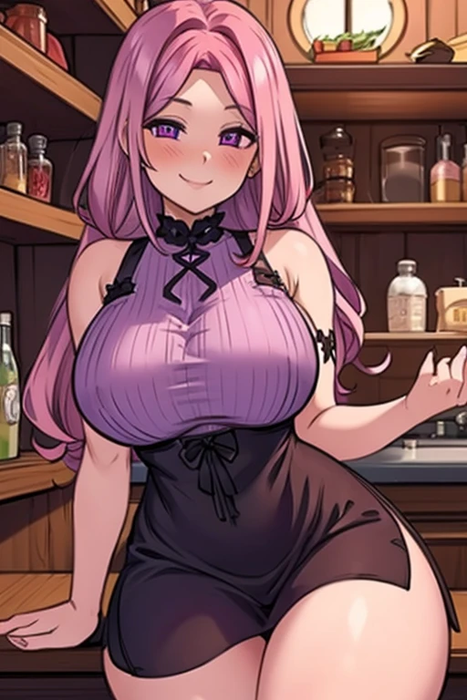 Perfect face. Perfect hands. A pink haired woman with violet eyes with an hourglass figure in a Gothic apron and crop top and shorts sitting on the counter in a Gothic kitchen with a big smile