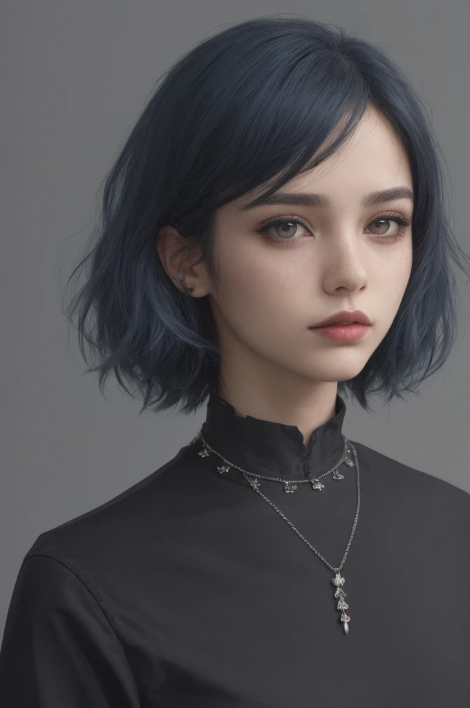 masterpiece, best quality,3d rending work ,3DMM style,close-up,portrait, 3D,1girl, solo, multicolored hair, blue hair, black hair, necklace, freckles, jewelry, two-tone hair, looking to the side, realistic, upper body, simple background, bangs, looking away, short hair, parted lips, black eyes, lips, gothic, choker, makeup, mole, black shirt, shirt, watermark