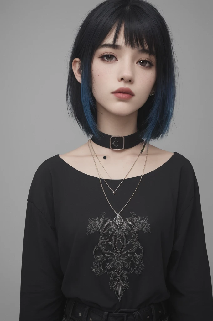 masterpiece, best quality,3d rending work ,3DMM style,close-up,portrait, 3D,1girl, solo, multicolored hair, blue hair, black hair, necklace, freckles, jewelry, two-tone hair, looking to the side, realistic, upper body, simple background, bangs, looking away, short hair, parted lips, black eyes, lips, gothic, choker, makeup, mole, black shirt, shirt, watermark