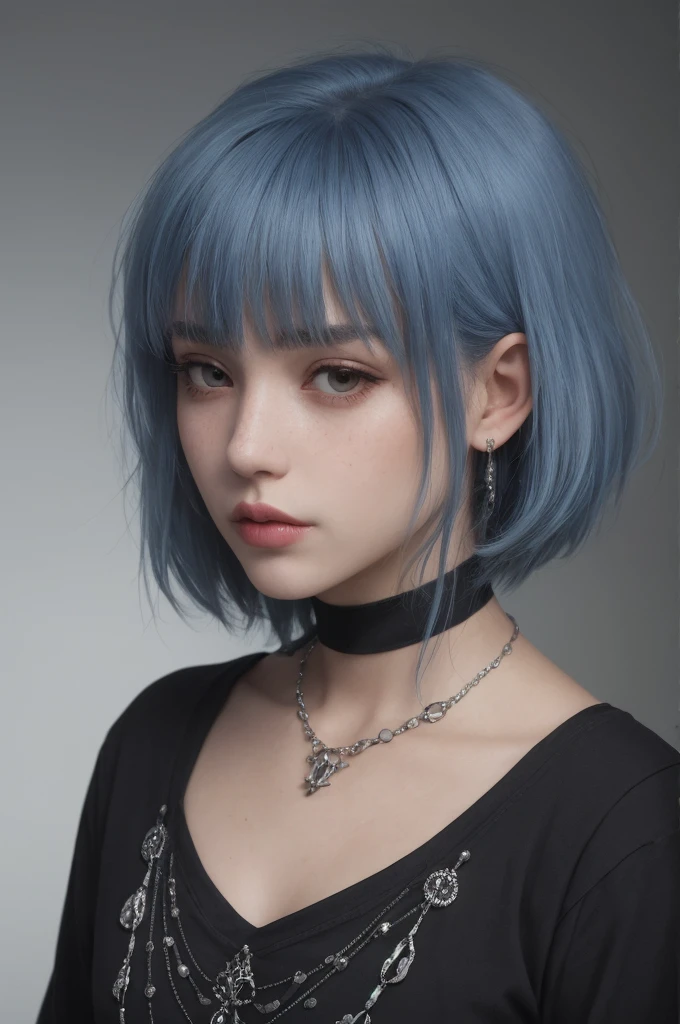 masterpiece, best quality,3d rending work ,3DMM style,close-up,portrait, 3D,1girl, solo, multicolored hair, blue hair, black hair, necklace, freckles, jewelry, two-tone hair, looking to the side, realistic, upper body, simple background, bangs, looking away, short hair, parted lips, black eyes, lips, gothic, choker, makeup, mole, black shirt, shirt, watermark