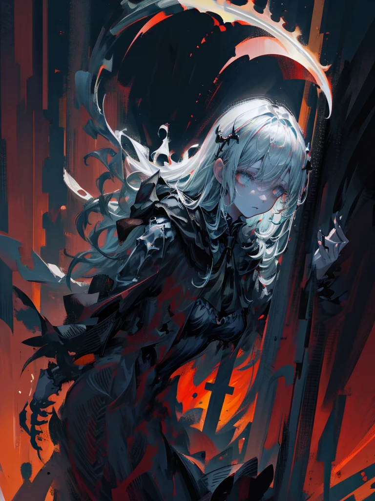 (a girl with) Aura-like gothic lighting, realistic Gothic-style artwork, detailed skeleton impaling itself with a sword in the neck, dark atmospheric background, high-res masterpiece:1.2, ultra-fine painting, professional, vivid colors
