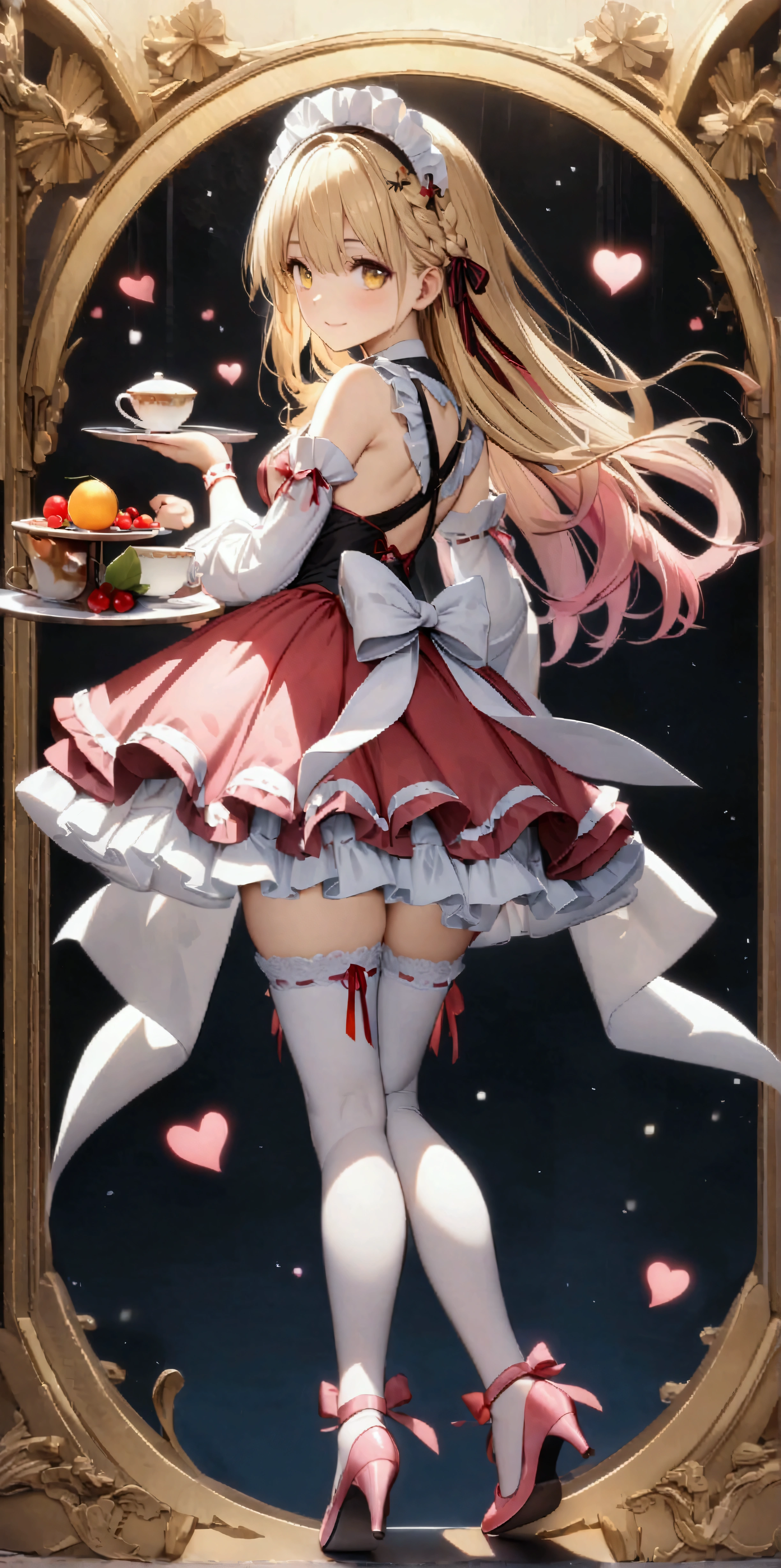 ((32k)), ((best quality)), ((ultra high res)), ((HDR)), ((UHD)), ((extremely detailed CG)), ((unity 32k wallpaper)), 1girl, solo, long hair, looking at viewer, smile, blonde hair, hair ornament, thighhighs, dress, bow, ribbon, holding, (medium breasts), full body, yellow eyes, pink hair, braid, flower, heart, frills, detached sleeves, food, looking back, high heels, white thighhighs, cup, maid headdress, sideboob, fruit, ribbon trim, tray, teacup, pink footwear, teapot, holding tray, cherry, ribbon-trimmed legwear,