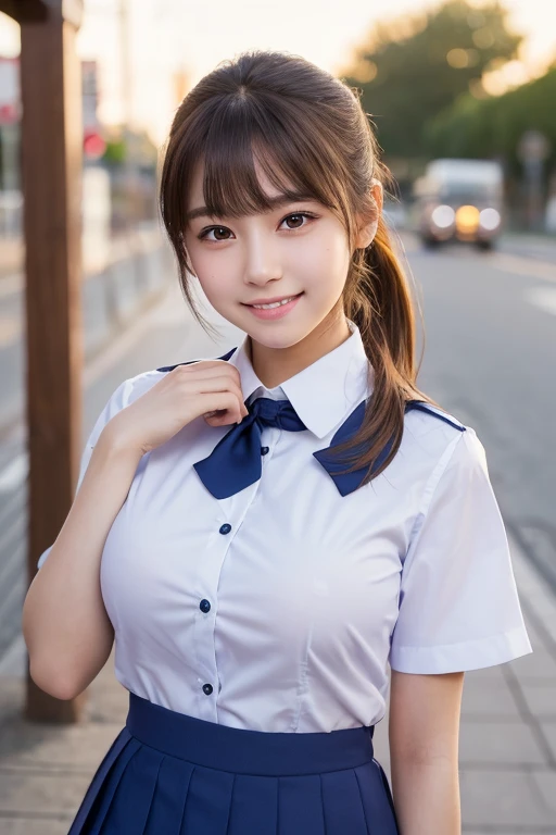 ((masterpiece, Best Quality)), ((A high resolution)), (photograph realistic), Best Shadow, high detailing, Very detailed, (nice hand, Perfect hands), (Face Focus:1.2), ((1girl in)), Beautiful Girl, 18 years old, Brown eyes, (brown ponytail hair 1.5), (big breasts:1.3), (smile:1.3), Glossy white skin, (view from front:1.3), (Very slender:1.3), (Cute face:1.3), (look at viewer:1.4), Kawaii face, thin lips, detailed facial features, Crisp focus, perfect beautiful body and face, Cute childish face, Perfectly focused, (school uniform:1.2), Long bangs, in the twilight city, (cowboy shot:1.2), japanese famous idol, (Standing:1.3)