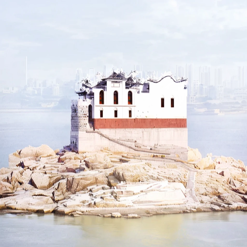 There is a small white building on the rocks in the water, History background, Guangjian, jin shan, A huge floating castle, keep, Xianxia, Palace on the Hill, Many years have passed, ruanjia, An ancient, an island, Nguyen Gia Style, The end of an era, sha xi, hua cheng