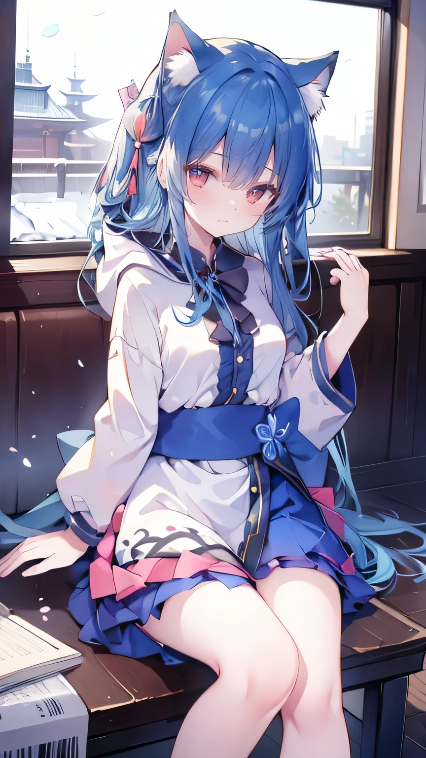 (masterpiece:1.2),Super detailed,lifelike,Expressive eyes,fair skin,perfect face shape,1 girl,
Japanese comics,Gorgeous blue hair,flowing blue hair,flowing clothes,Cat ears,Petals fall,beautiful lola,Baby Angel,
Shaking head with one hand,Cross your legs,Gentle and peaceful background,The pavilion is cool and comfortable,smile, wearing hoodie, In front of the window,snowing