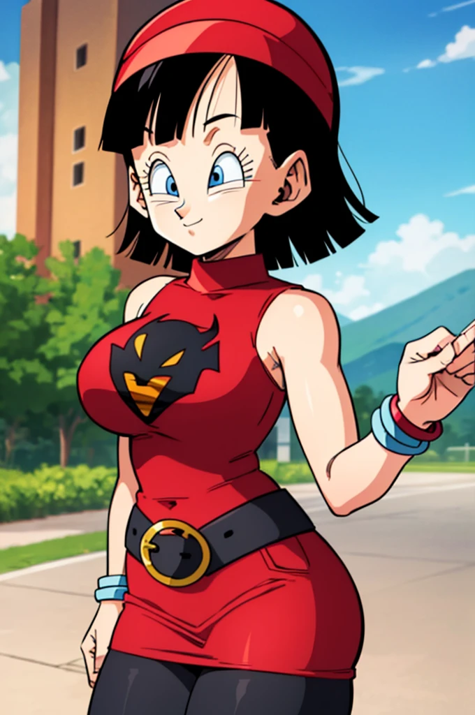 ultra detailed, masterpiece, best quality, solo, soft smile, light smile, Videl, Dragon Ball,
hairband, short hair, red hairband, bangs, sleeveless, dress, jewelry, belt, red dress, braceletblue eyes, colored eyelashes, eyelashes, black hair, , big breast, big ass, white shirt,  confused face expresion, sin imperfecciones, dibujo perfecto,