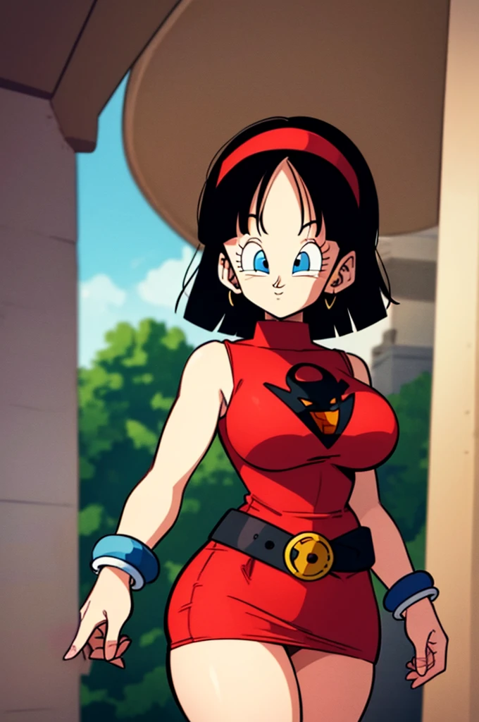 ultra detailed, masterpiece, best quality, solo, soft smile, light smile, Videl, Dragon Ball,
hairband, short hair, red hairband, bangs, sleeveless, dress, jewelry, belt, red dress, braceletblue eyes, colored eyelashes, eyelashes, black hair, , big breast, big ass, white shirt,  confused face expresion, sin imperfecciones, dibujo perfecto,